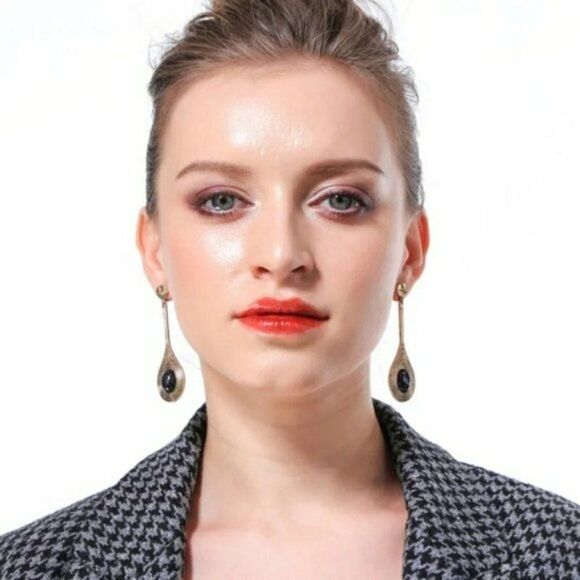 Blue Resin Rhinestone Vintage Gold Drop Dangle Statement Earrings - Picture 2 of 10